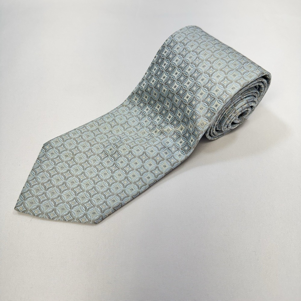 Ermenegildo Zegna 100% Silk Tie Geometric Lattice Made in Italy‎ Light Blue Grey